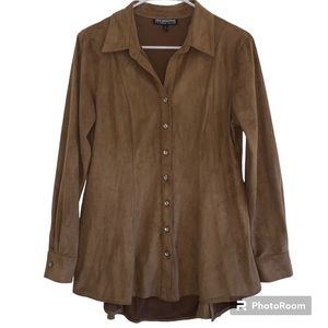 MISHCA BUTTON UP SHIRT BROWN SUEDE LIKE TRAPEZE LONG SLEEVE TOP